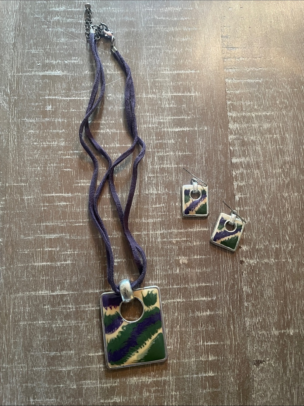 Purple and Green Enamel Pendant Necklace & Earring Set, Silver Tone